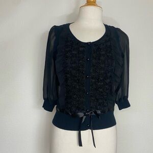 NWT New Wanko Women's Black Ruffle Button Bow Cardigan Size XS Classic Preppy